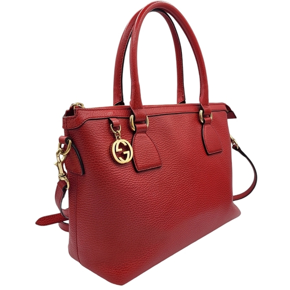 Gucci Interlocking GG Charm Pebbled Leather Satchel Bag Red 449659 - Picture 3 of 16